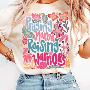 Cream Tee with Colorful Floral and Text Design